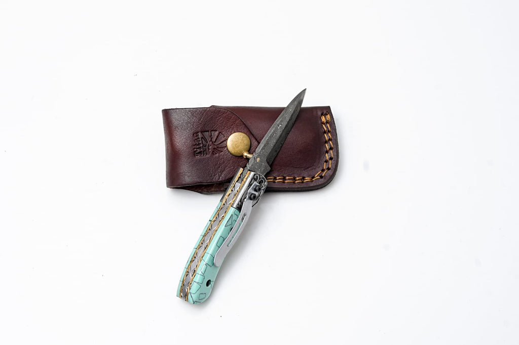 Turquoise Damascus Folding Knife – Hand Engraved Bolster Edition - TF-090
