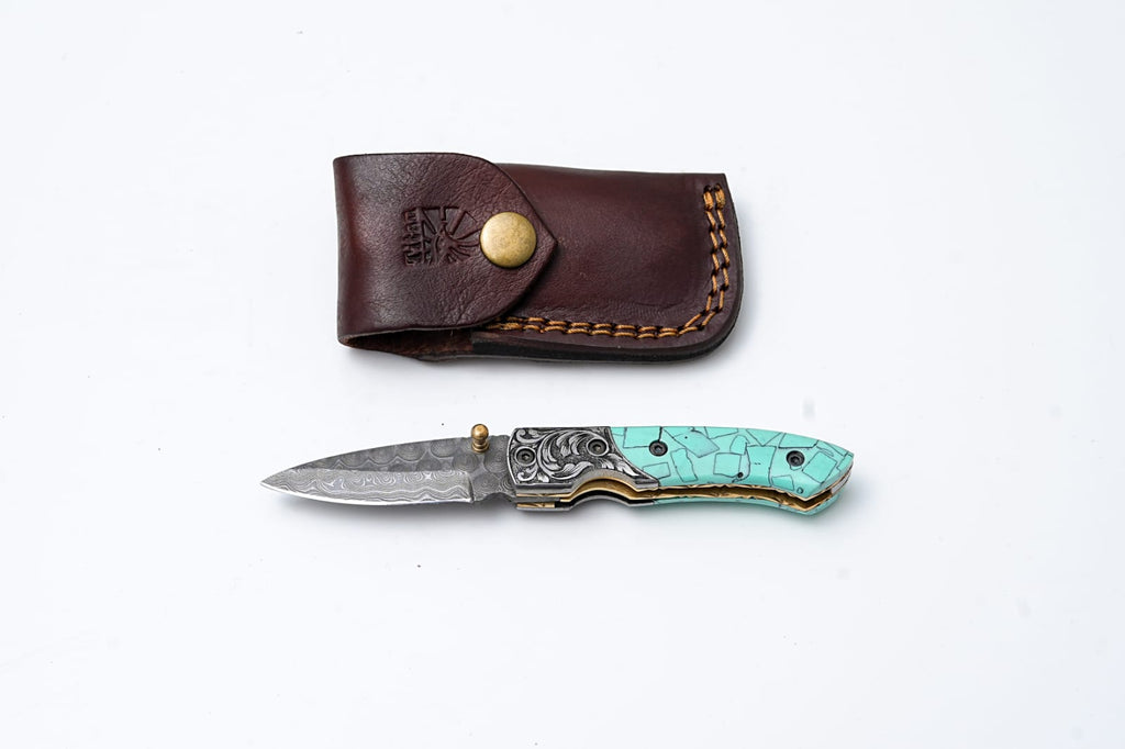 Turquoise Damascus Folding Knife – Hand Engraved Bolster Edition - TF-090