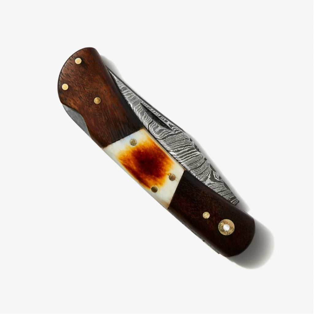 Walnut & Torched Bone Damascus Pocket Knife - TF-092