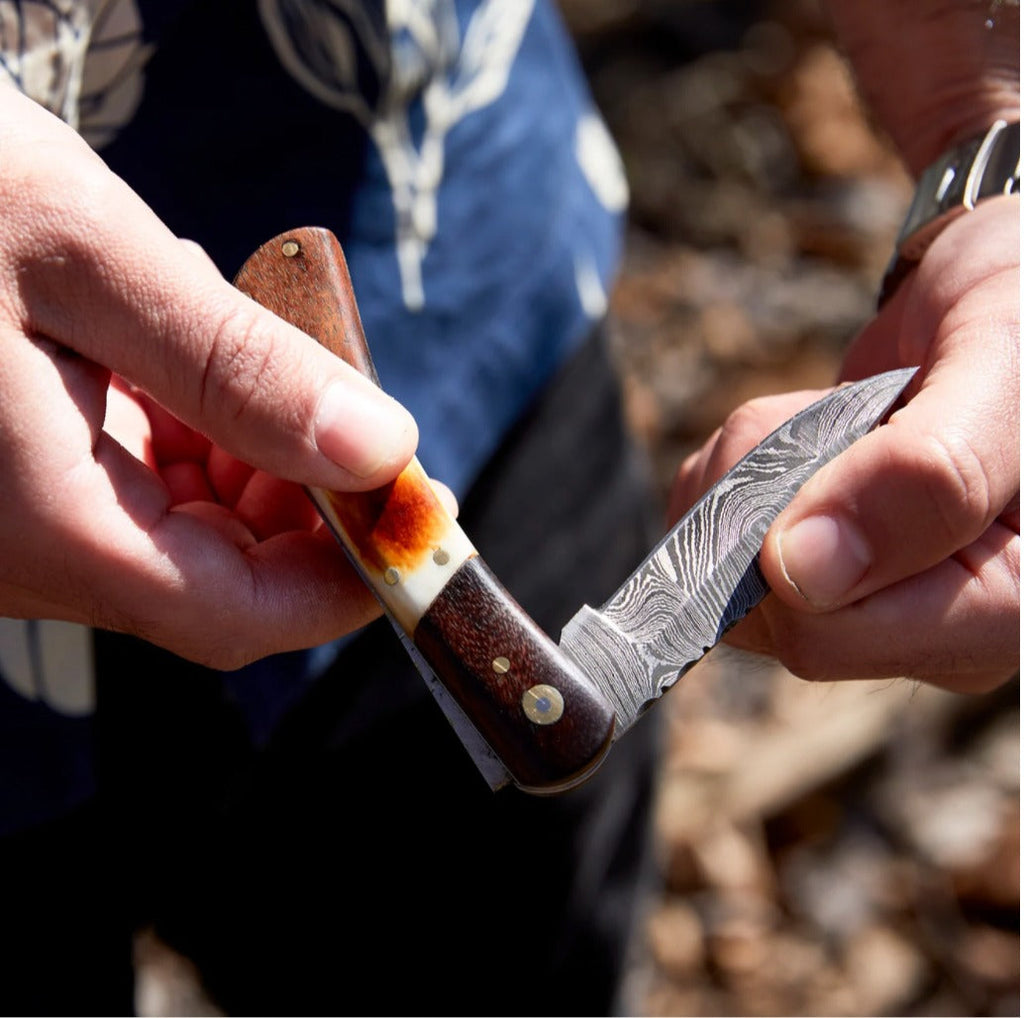 Walnut & Torched Bone Damascus Pocket Knife - TF-092