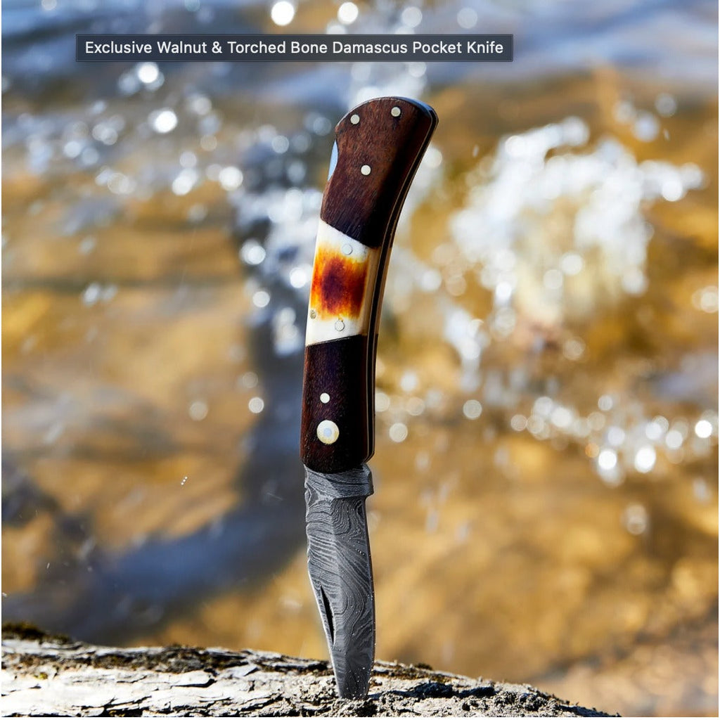 Walnut & Torched Bone Damascus Pocket Knife - TF-092