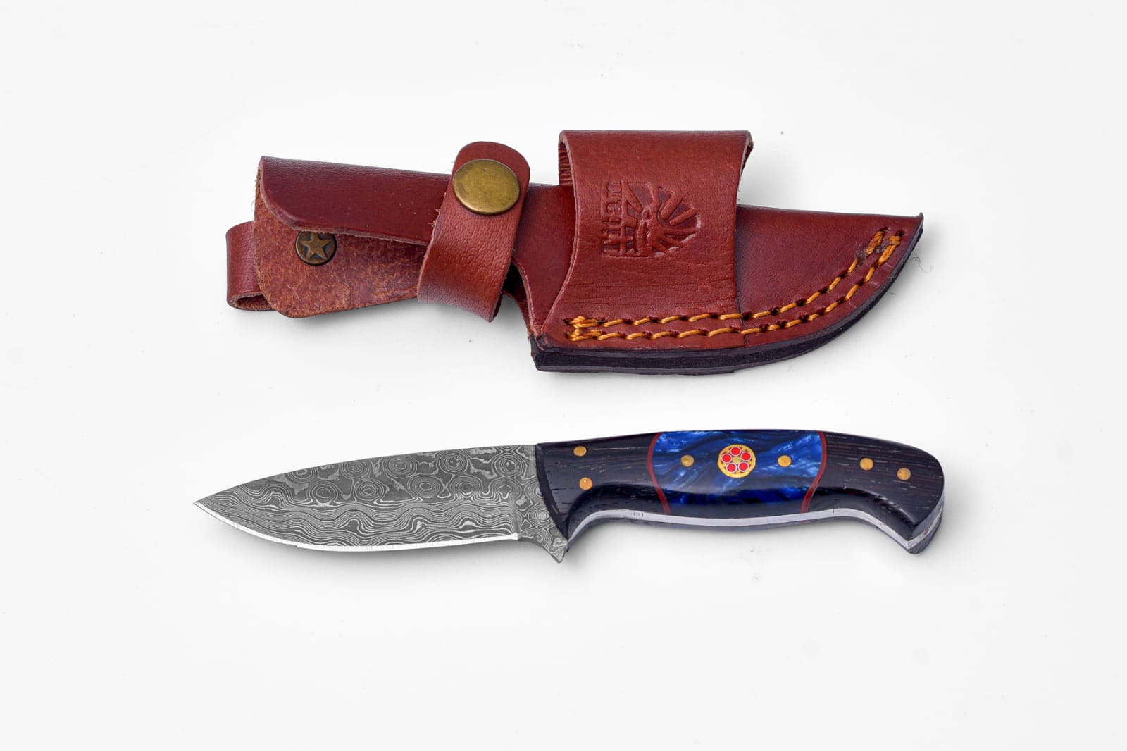 Handmade Damascus Steel Knife with Blue Resin & Wenge Wood Handle - TK-422