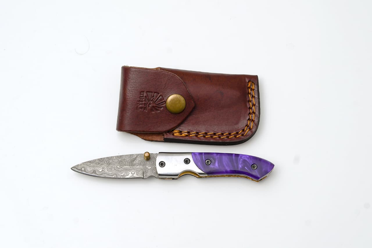 Handmade Damascus AmethystEdge Folding Pocket Knife with Purple Resin Handle & Leather Sheath | EDC Camping & Hunting Knife TF-004-P