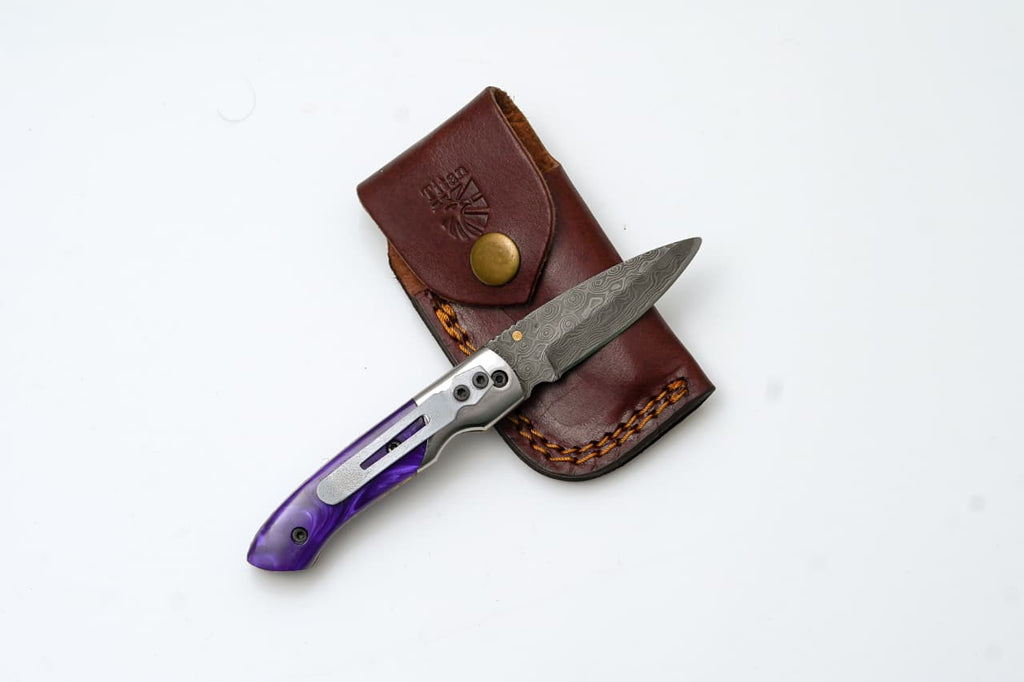 Handmade Damascus AmethystEdge Folding Pocket Knife with Purple Resin Handle & Leather Sheath | EDC Camping & Hunting Knife TF-004-P