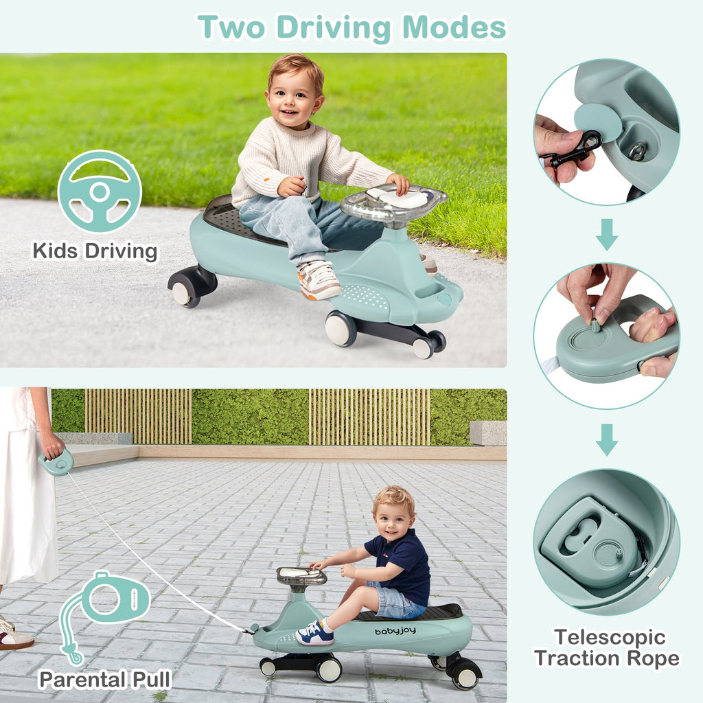 Wiggle Car with Hauling Rope Ride on Toy with Under-Seat Storage-Green