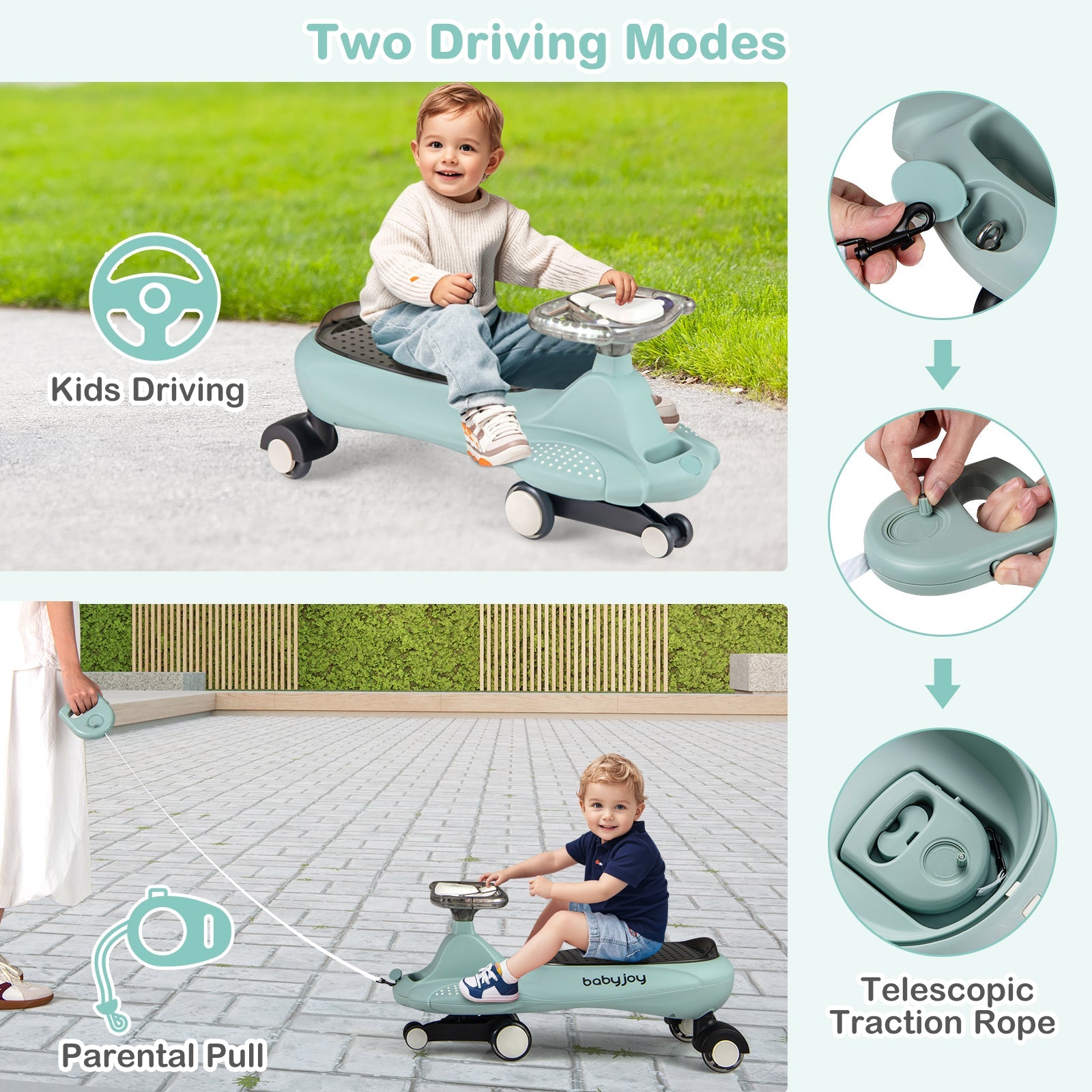 Wiggle Car with Hauling Rope Ride on Toy with Under-Seat Storage-Green