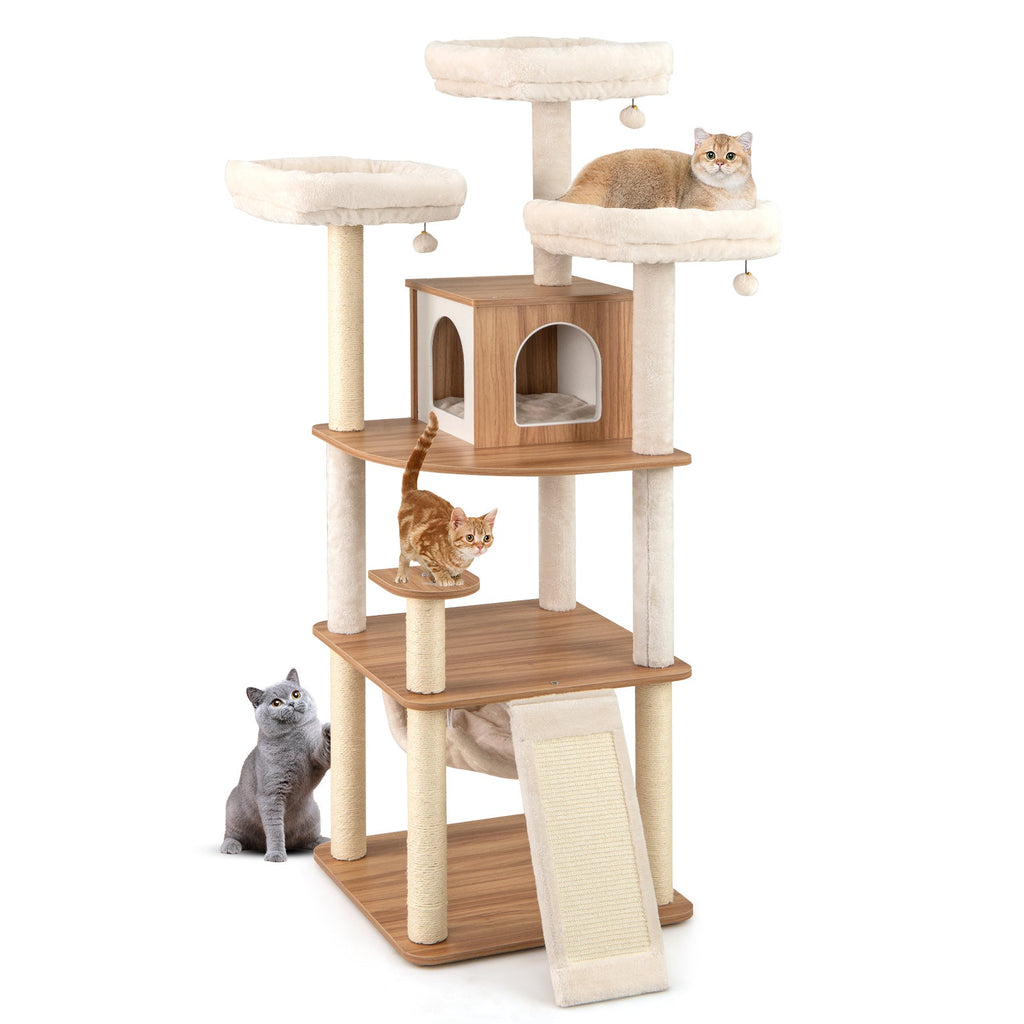 68 Inch Tall Cat Tree with 3 Padded Perches Condo and Sisal Scratching Posts-Natural
