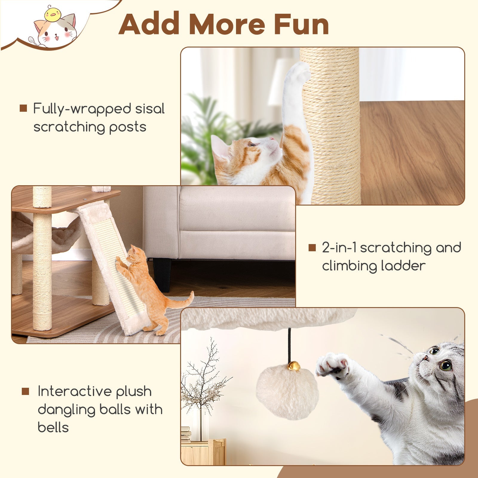 68 Inch Tall Cat Tree with 3 Padded Perches Condo and Sisal Scratching Posts-Natural