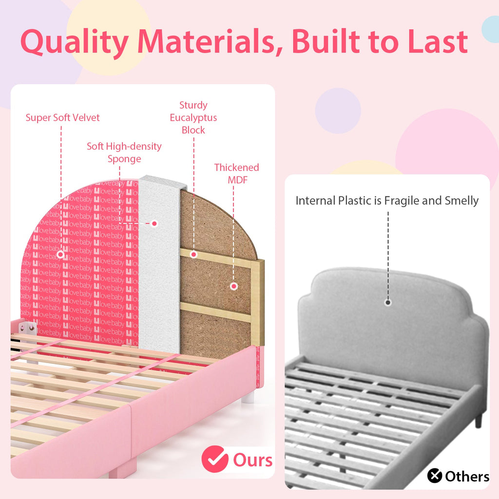 Wood Upholstered Twin Bed Platform with Slat Support-Pink