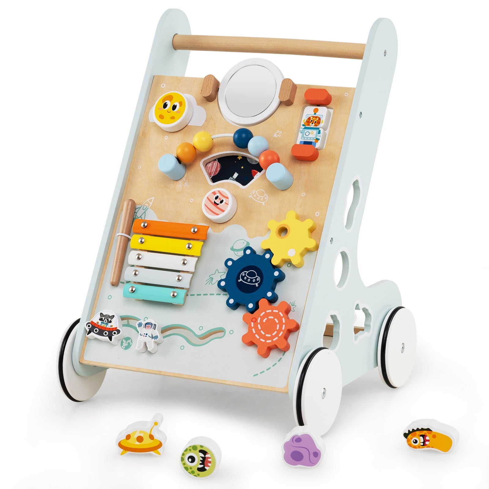 Wooden Baby Walker Push and Pull Learning Activity Center with Wheels for Toddlers 1+ Years Old-Green
