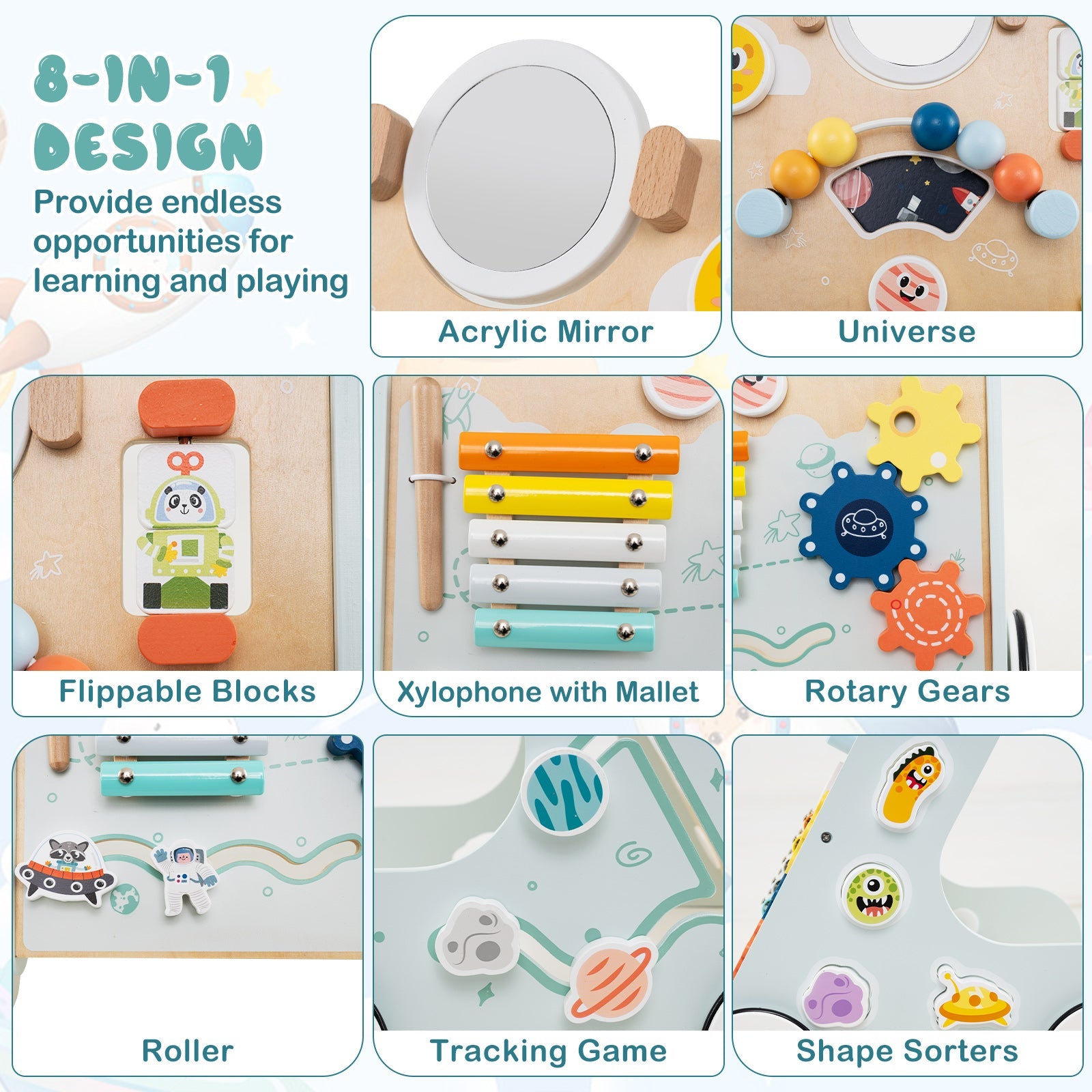 Wooden Baby Walker Push and Pull Learning Activity Center with Wheels for Toddlers 1+ Years Old-Green