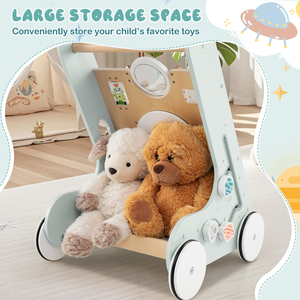 Wooden Baby Walker Push and Pull Learning Activity Center with Wheels for Toddlers 1+ Years Old-Green