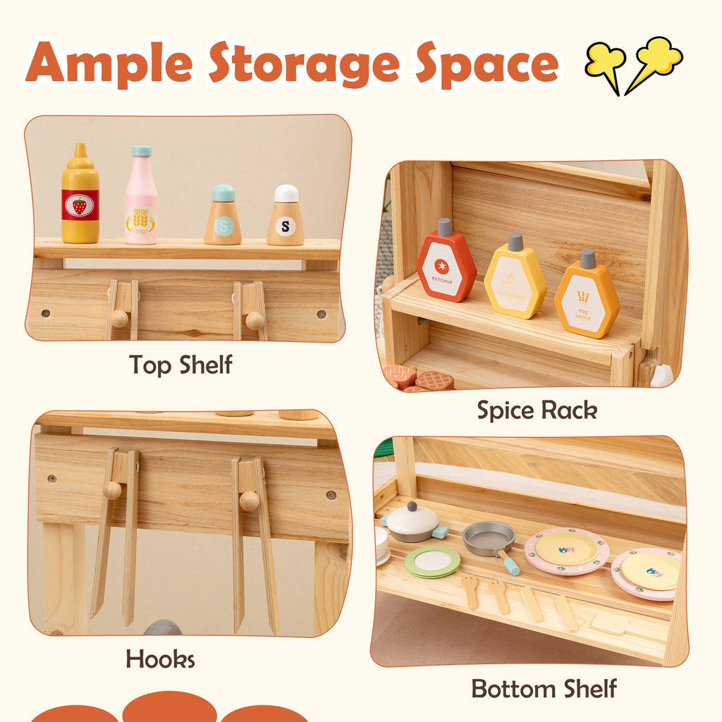 Wooden Barbecue Grill Playset with Play Food and Open Shelves-Natural