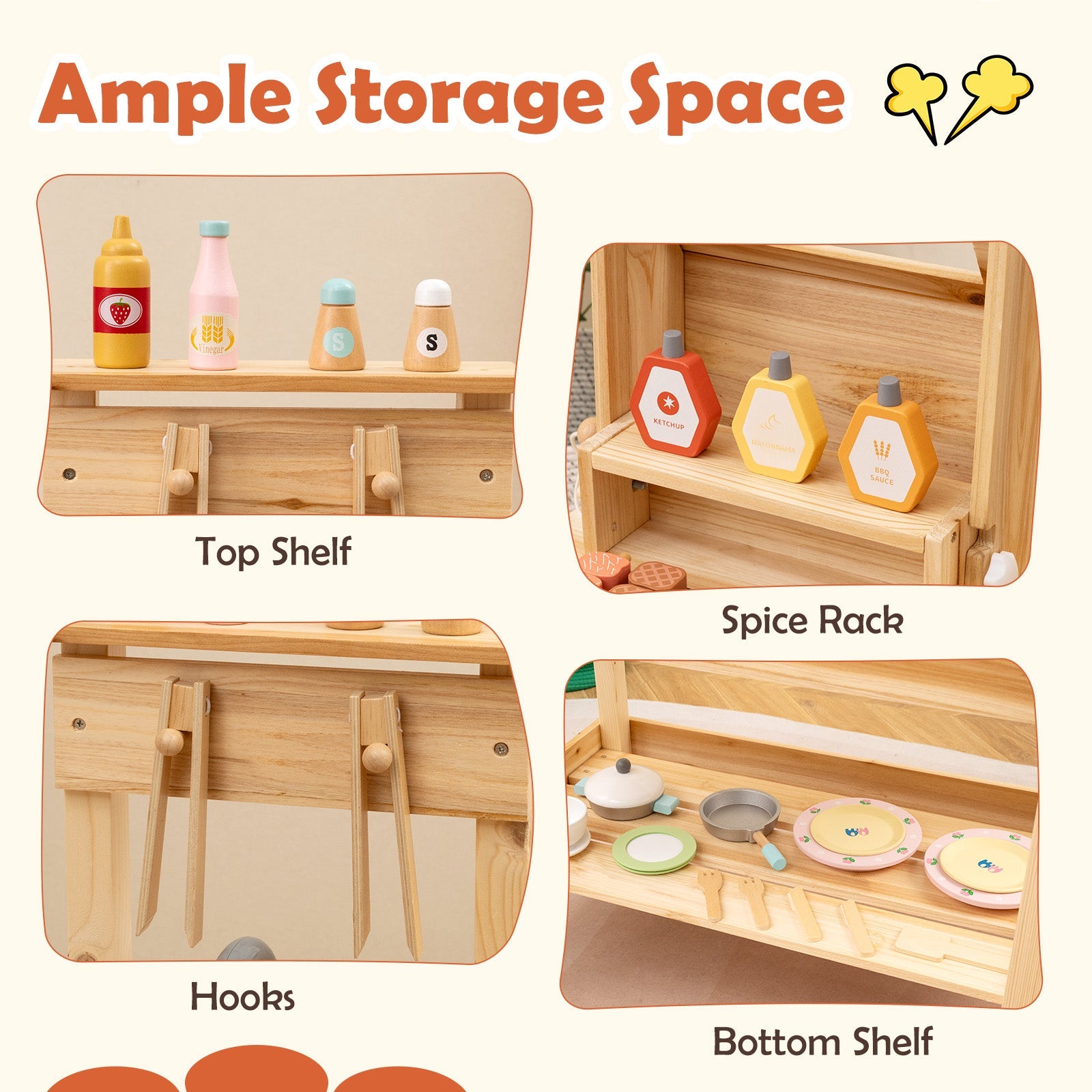 Wooden Barbecue Grill Playset with Play Food and Open Shelves-Natural