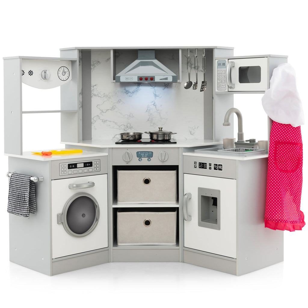 Wooden Kids Play Kitchen Playset with Realistic Lights and Sounds-Gray