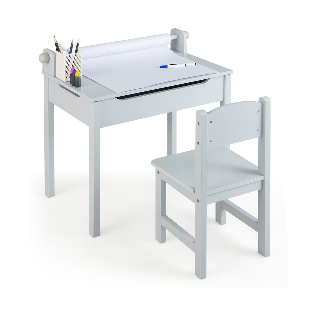 Wooden Kids Table and Chair Set with Storage and Paper Roll Holder-Gray