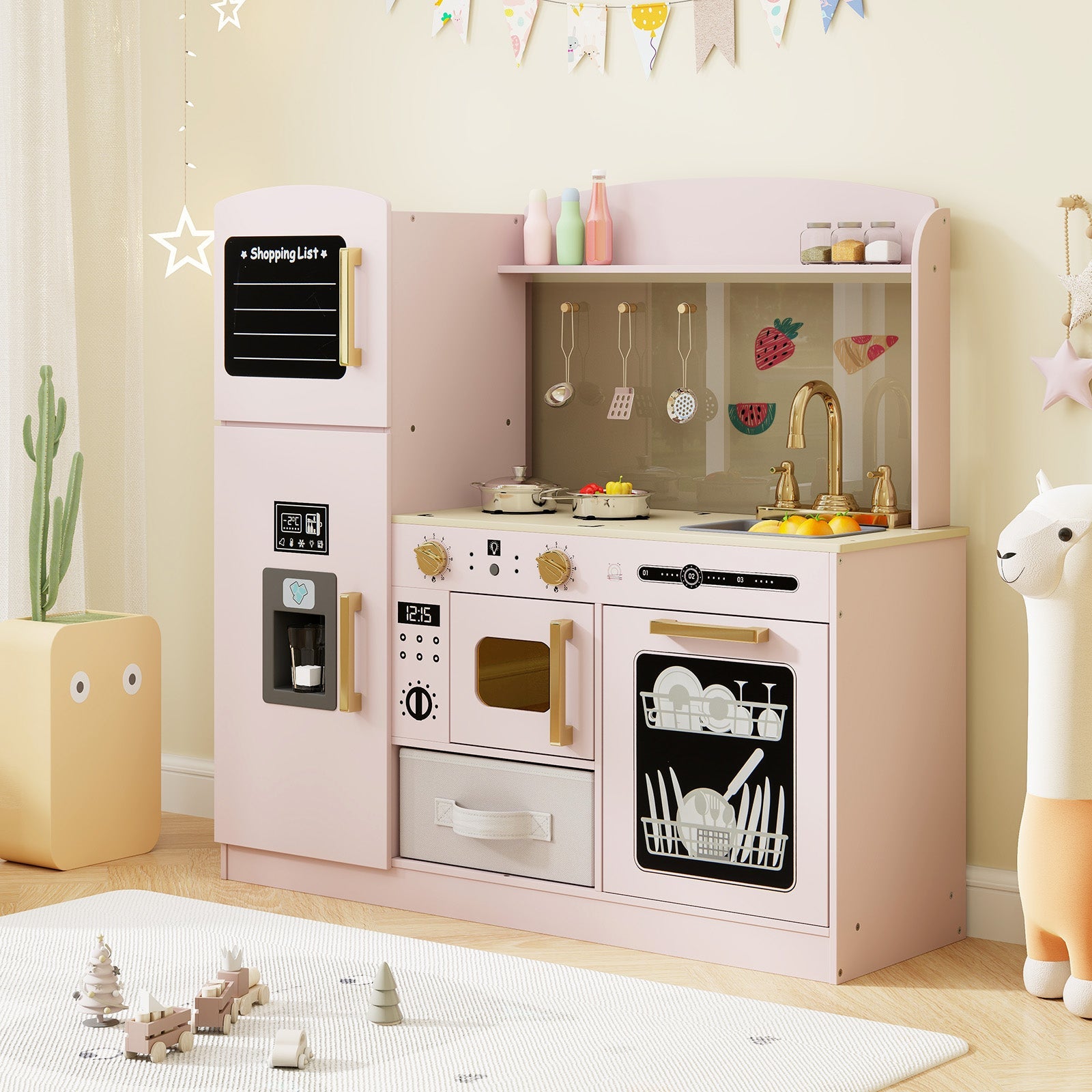 Wooden Kids Kitchen Playset with Chalkboard Ice Maker Sink Lighted Microwave-Pink