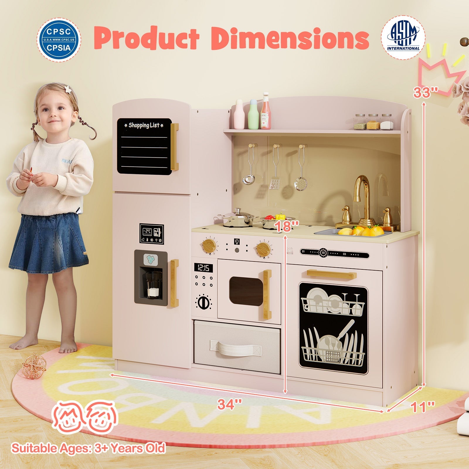Wooden Kids Kitchen Playset with Chalkboard Ice Maker Sink Lighted Microwave-Pink