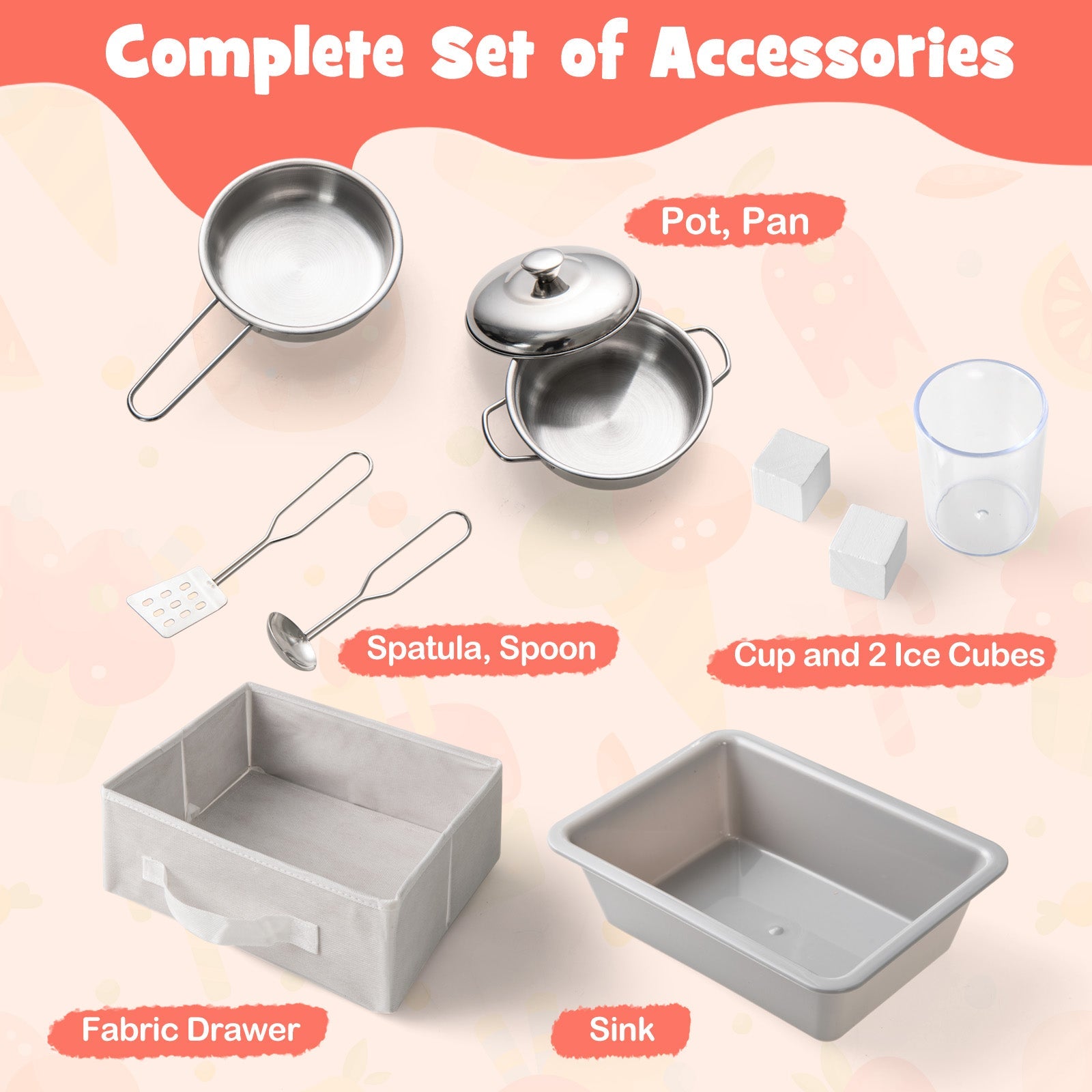 Wooden Kids Kitchen Playset with Chalkboard Ice Maker Sink Lighted Microwave-White