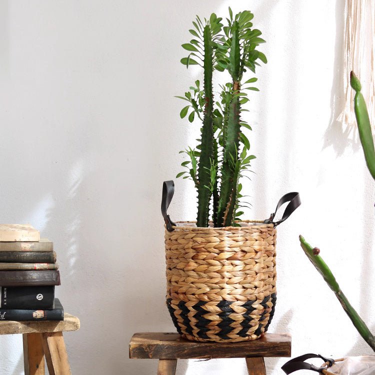 Two-Tone Basket Planter with Leather Handles
