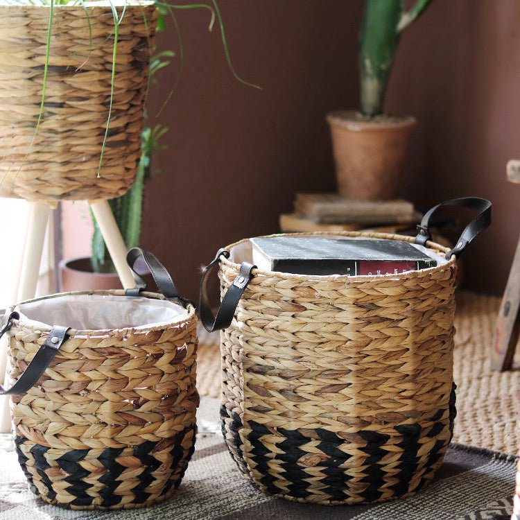 Two-Tone Basket Planter with Leather Handles