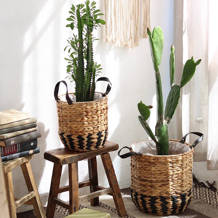 Two-Tone Basket Planter with Leather Handles