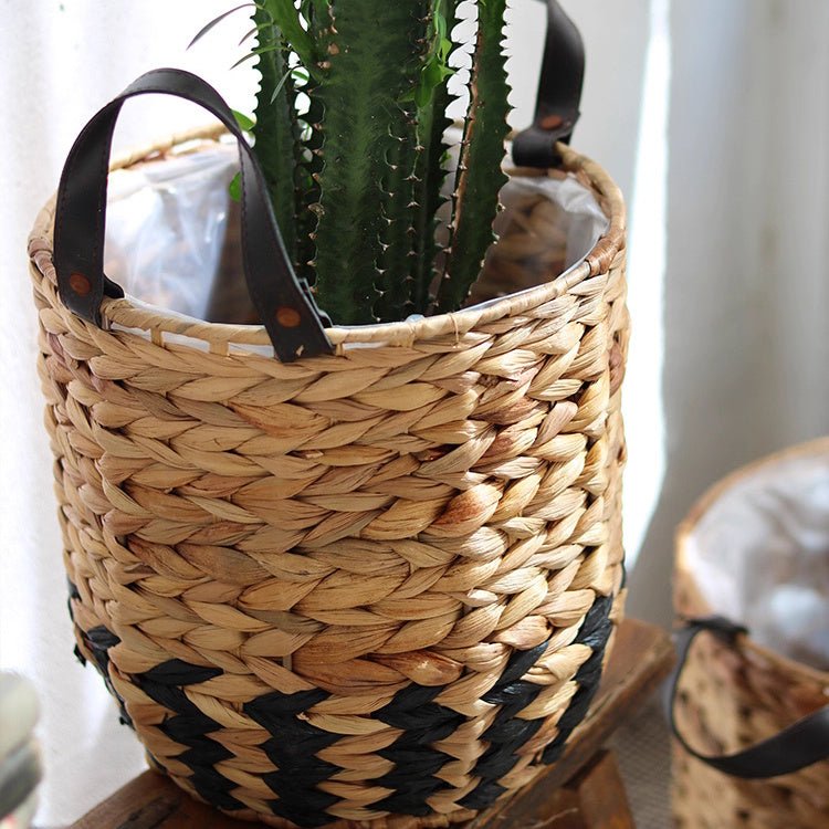 Two-Tone Basket Planter with Leather Handles