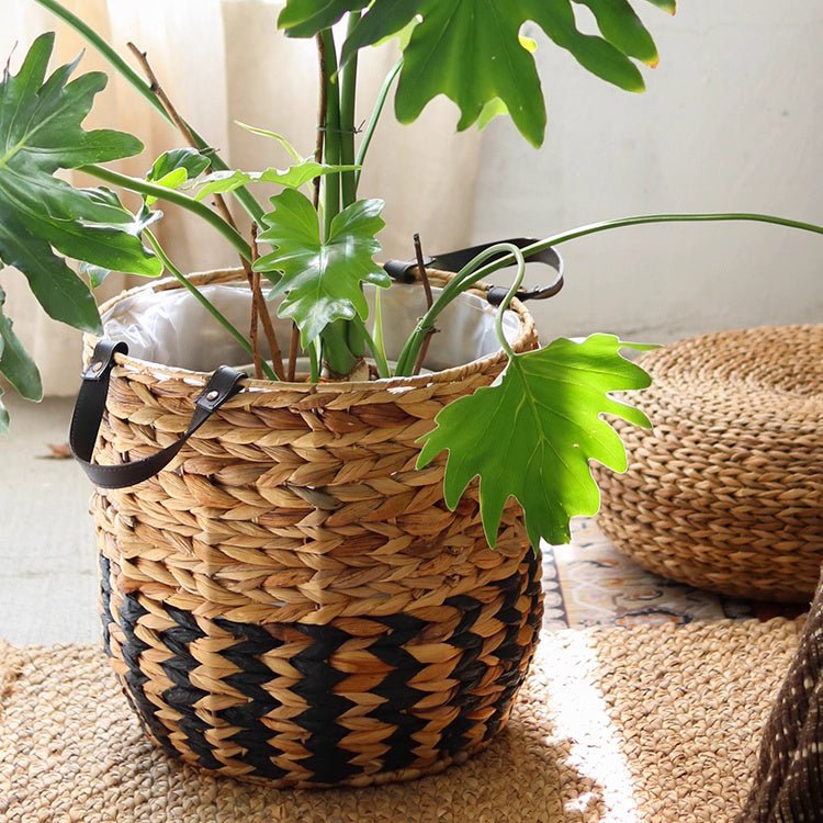 Two-Tone Basket Planter with Leather Handles