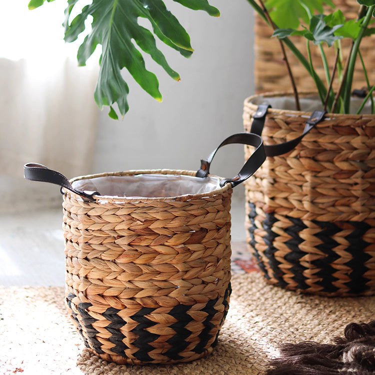 Two-Tone Basket Planter with Leather Handles