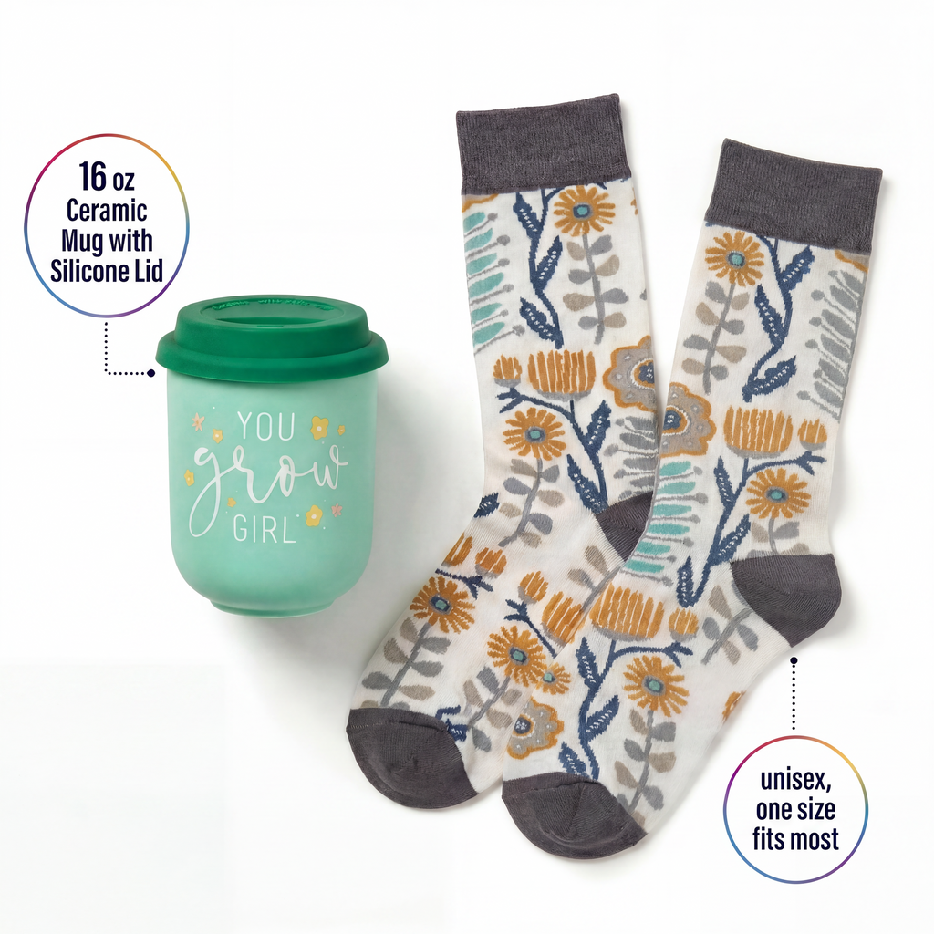 You Grow Girl Gift Set | Travel Mug & Folk Art Floral Socks in Gift Bag | Ready to Gift!