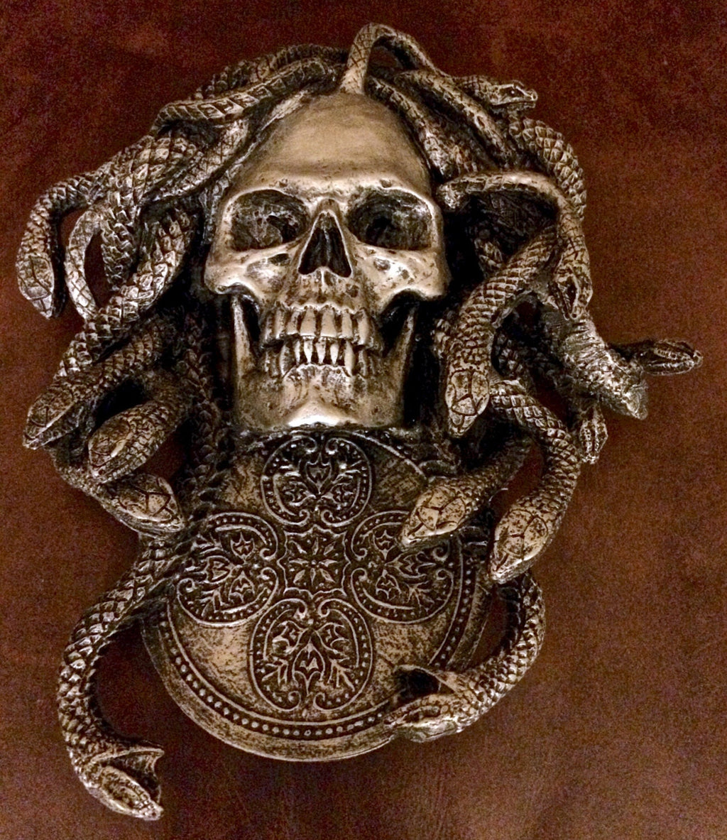 Medusa Skull Wall Plaque, Hand Painted Resin Sculpture | Mythic Gothic Wall Art | Medusa Skull Plaque for Gothic and Fantasy Home Decor, 10"