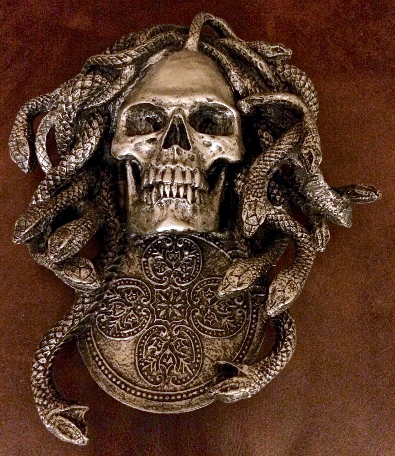 Medusa Skull Wall Plaque, Hand Painted Resin Sculpture | Mythic Gothic Wall Art | Medusa Skull Plaque for Gothic and Fantasy Home Decor, 10"