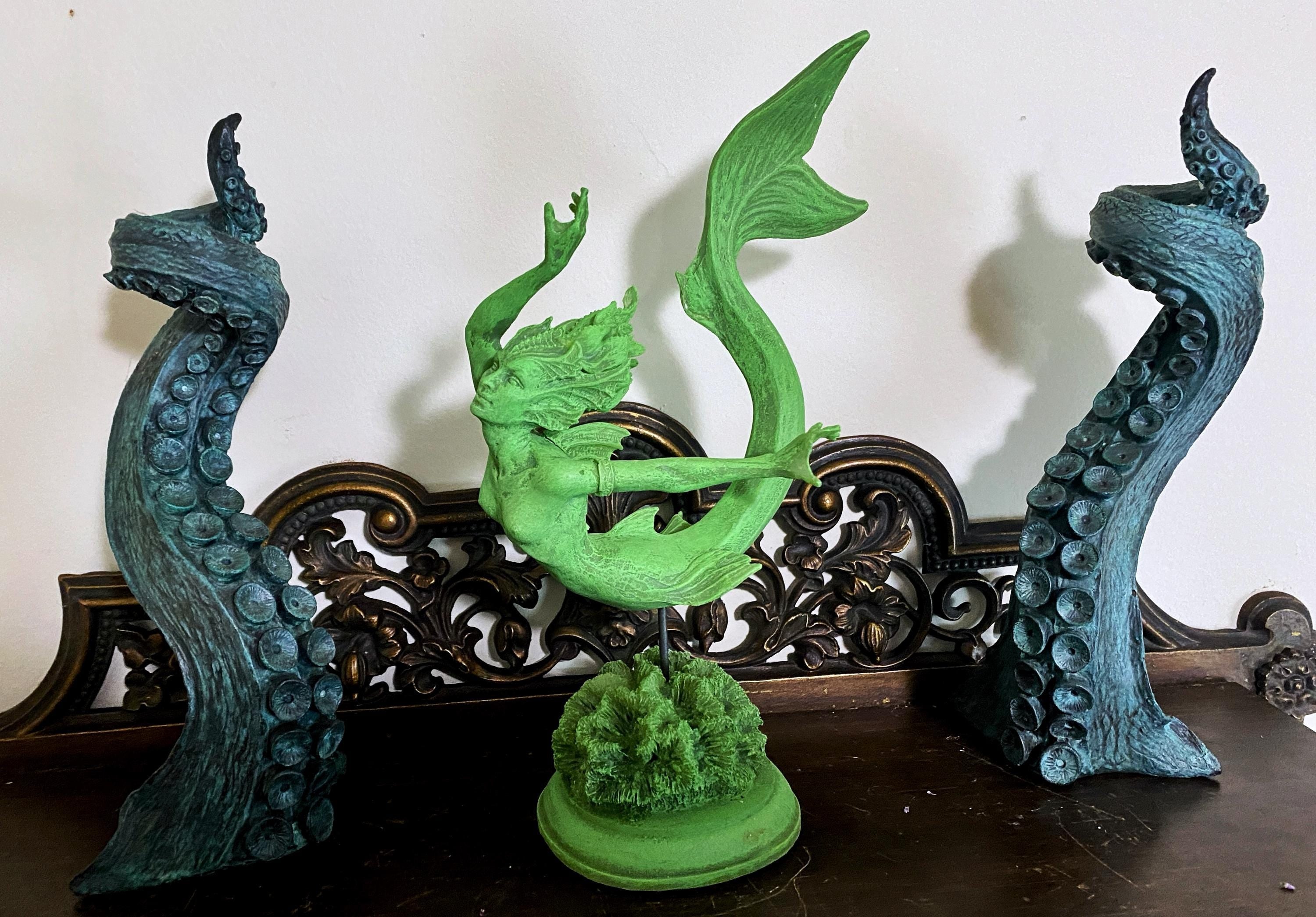 Mermaid Statue, Hand Painted Resin Sculpture, Jade Finish| Mythical Creature Figurine| Unique Legendary Mermaid Figurine Fantasy Art Decor