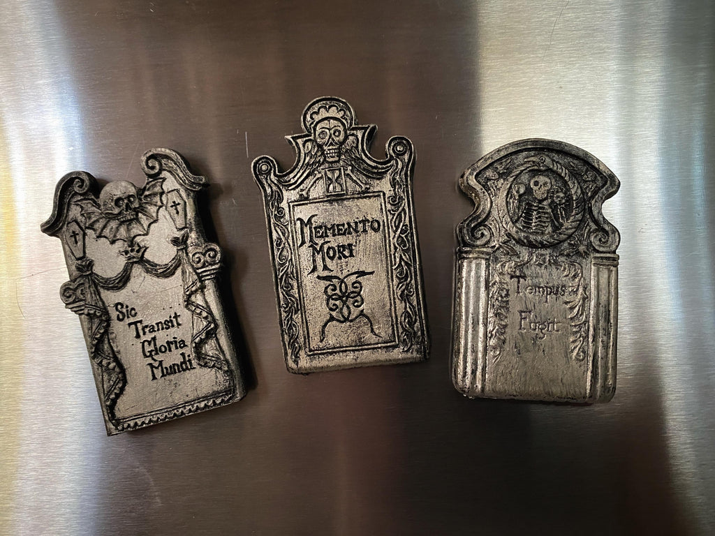 Tombstone Magnet Set of 3, Hand Painted Resin Sculpture | Gothic Fantasy Decor | Historic Gravestone Magnet for Fantasy and Gothic Decor