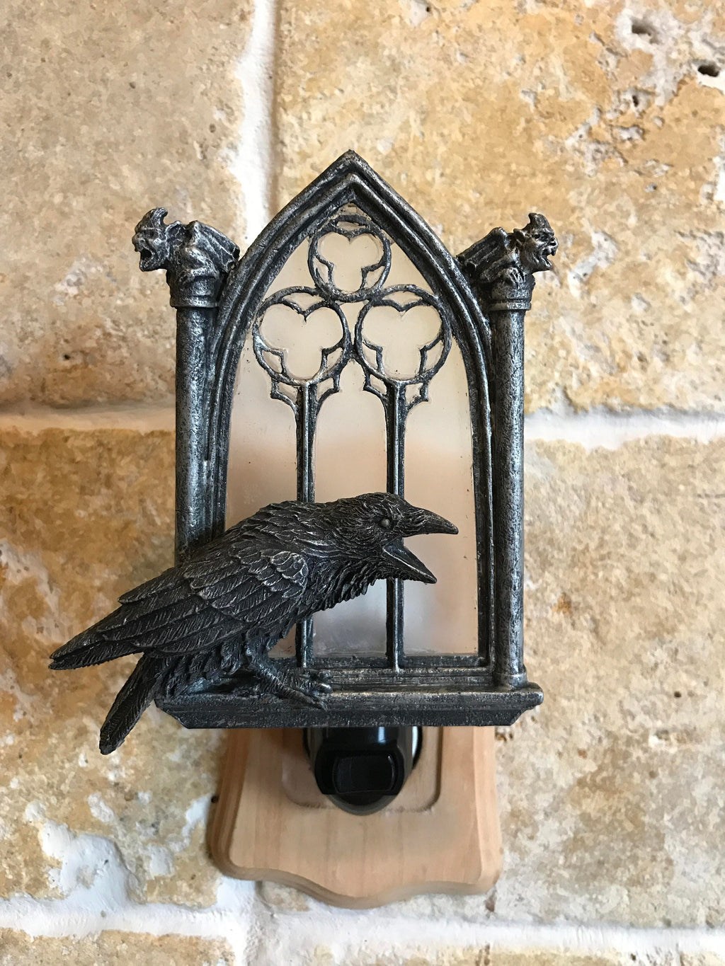 Raven and Window Nightlight, Hand Painted Resin Sculpture | Medieval Gothic Night Light | Poe’s Raven Lighting for Gothic Fantasy Home Decor