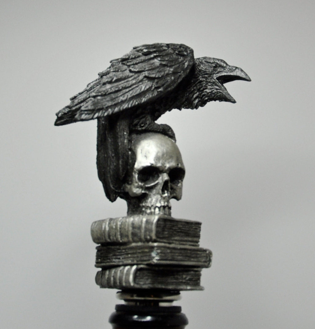 Raven Winestopper, Hand Sculpted Resin, Gothic Art Barware |Poe’s Raven with Skull and Books Bottle Stopper |Gothic Wine Gift and Home Decor