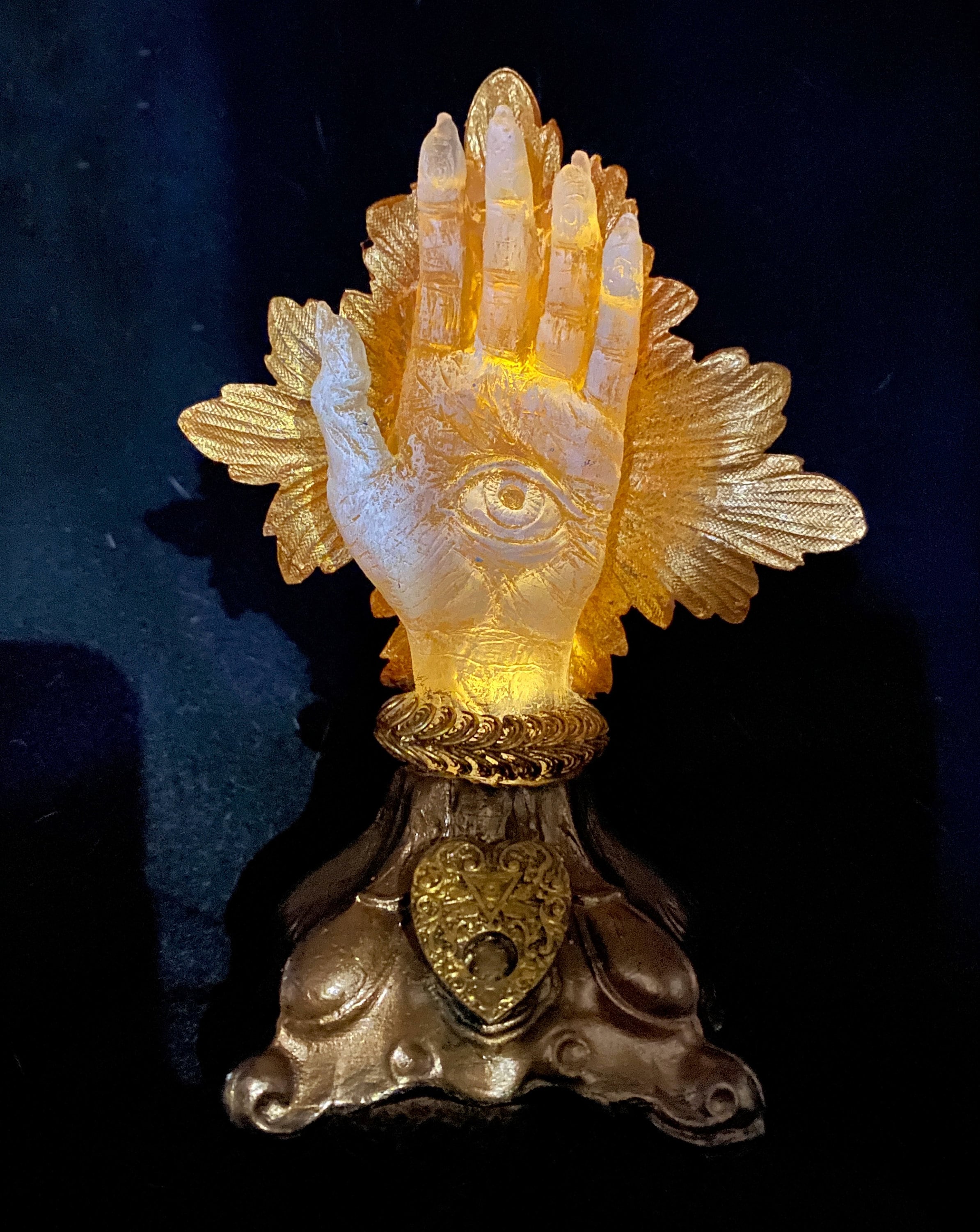 Hand of Protection Relic, Hamsa with LED Tea Light, Hand Painted Resin Sculpture | Medieval Gothic Decor | Occult Hand for Gothic Home Decor