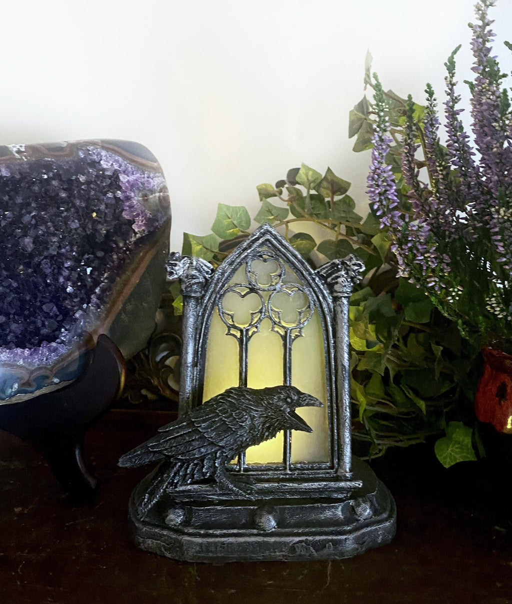 Raven and Window Tea Light, Hand Painted Resin Sculpture | Medieval Gothic Night Light | Poe’s Raven Lighting for Gothic Fantasy Home Decor