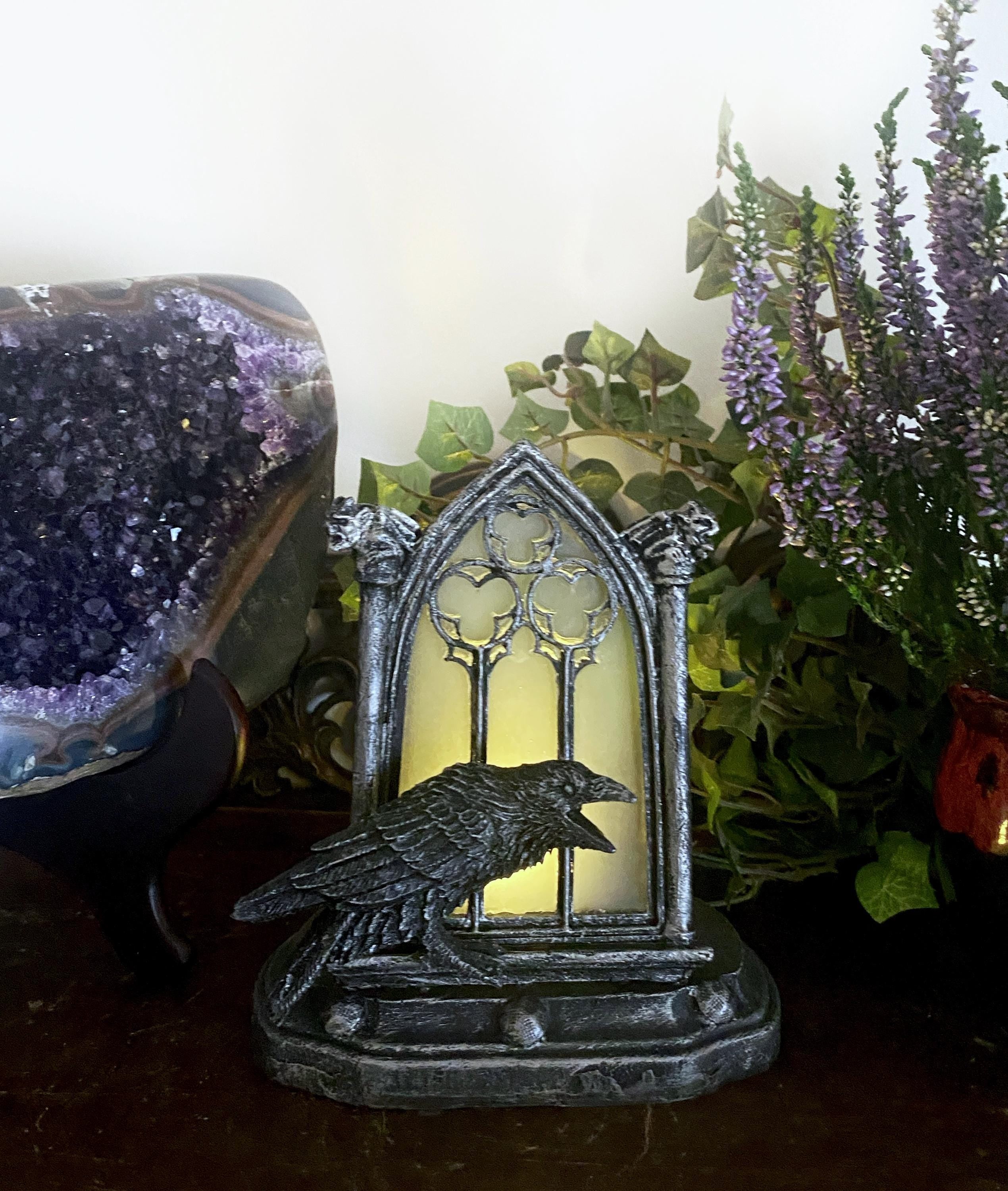 Raven and Window Tea Light, Hand Painted Resin Sculpture | Medieval Gothic Night Light | Poe’s Raven Lighting for Gothic Fantasy Home Decor