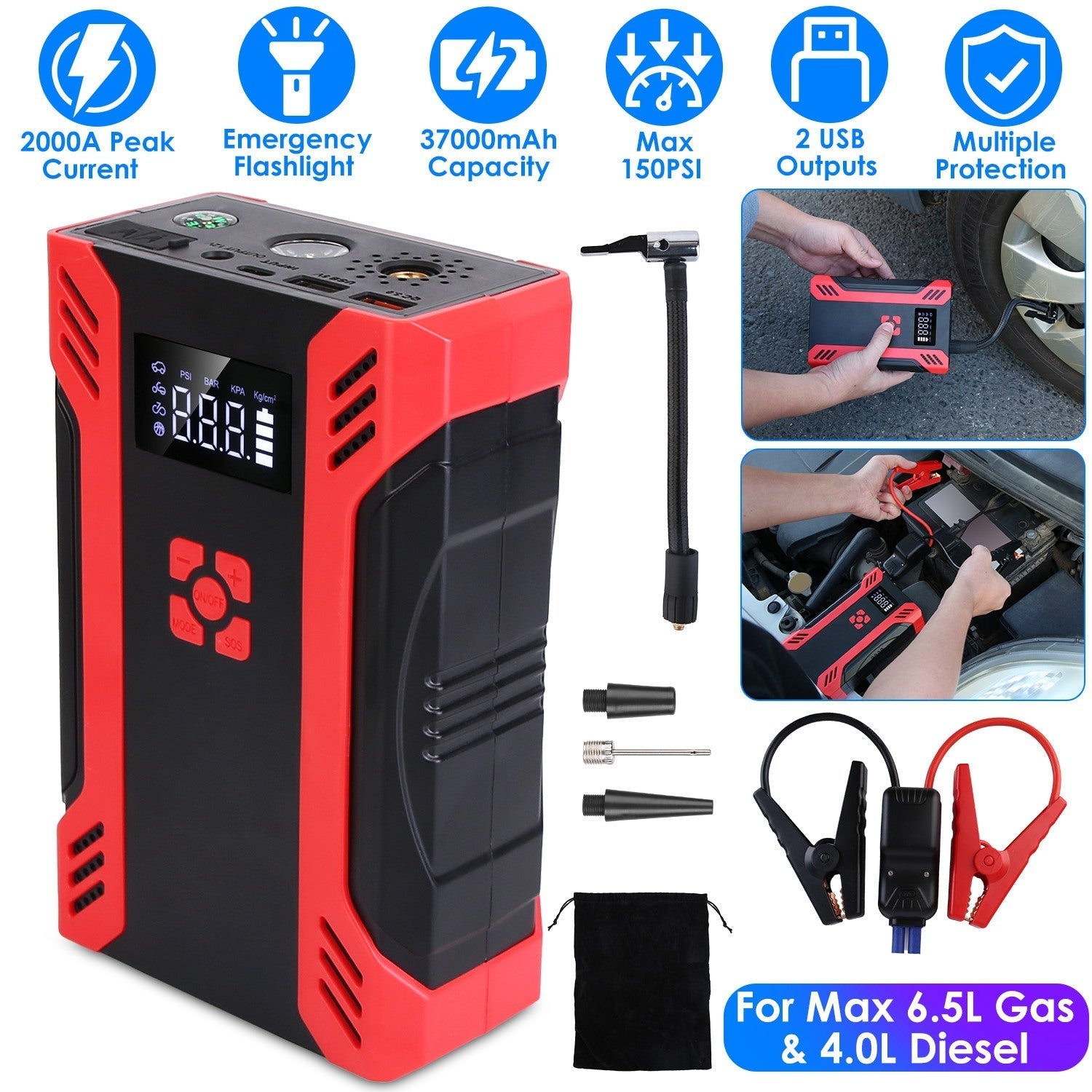 Car Jump Starter with Air Compressor Portable Car Battery Booster with Digital Tire Inflator with 2000mAh Peak Current for 12V Car 6.5L Gas or 4.0L Di