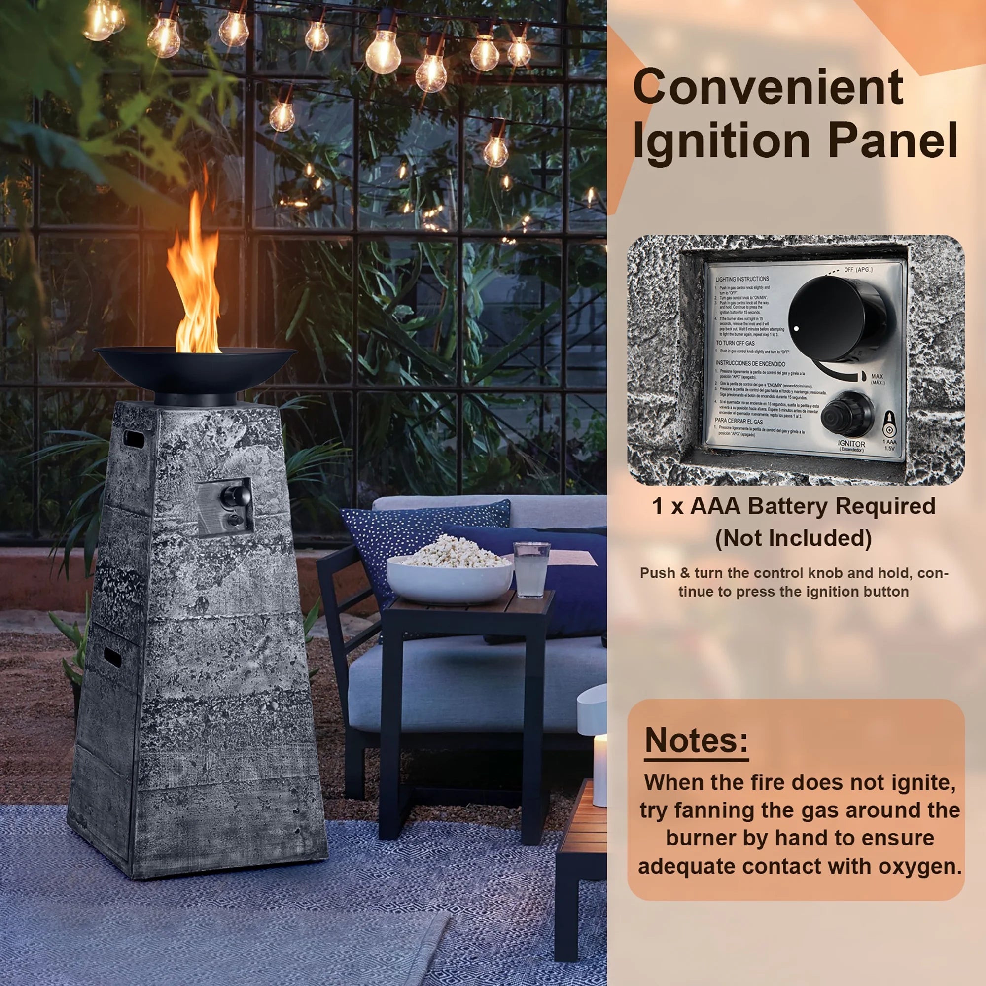 Tall Outdoor Fire Pit 48", Propane Fire Column, 30,000 BTU with Cover