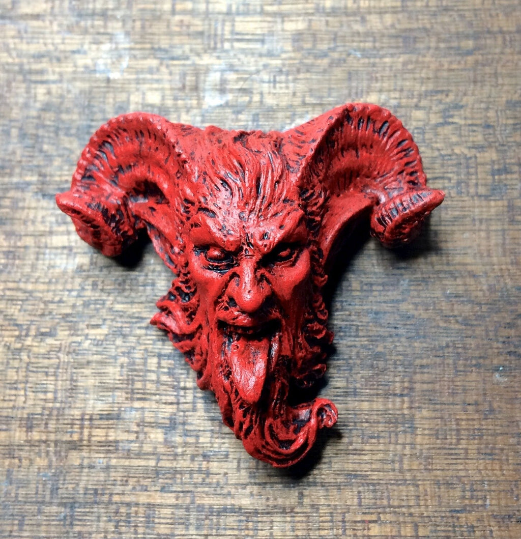 Krampus Magnet, Version 3, Hand Painted Resin Sculpture | Mythic Fantasy Decor | Krampus Head Magnet for Dark Fantasy and Gothic Decor