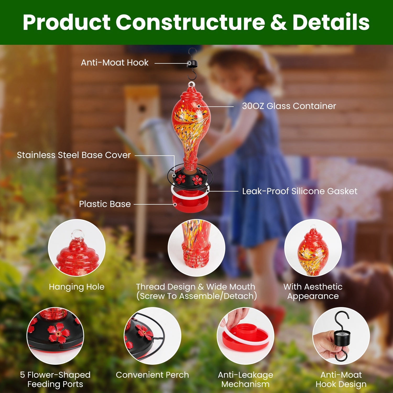 Glass Hummingbird Feeder 33OZ Hand Blown Hummingbird Feeder with 5 Flower Feeding Port Perch Ant Moat Hanging Hook S Hook Hemp Rope Cleaning Brush for