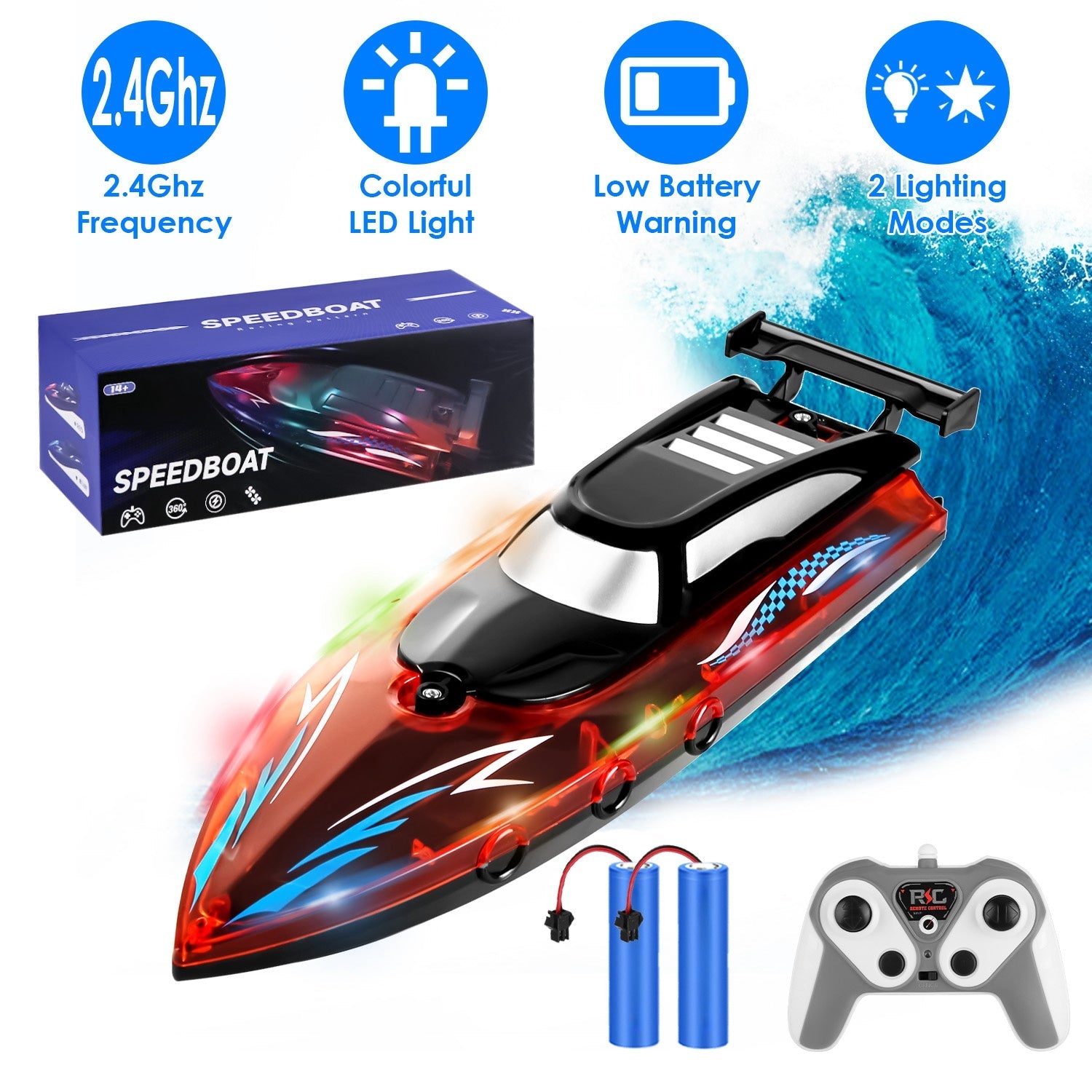 RC Boat With Colorful LED Light 10KM/H 40Mins 2.4Ghz Remote Control Racing Boat Toys With 2 Batteries Low Battery Alarm Overreach Warning For Pools La