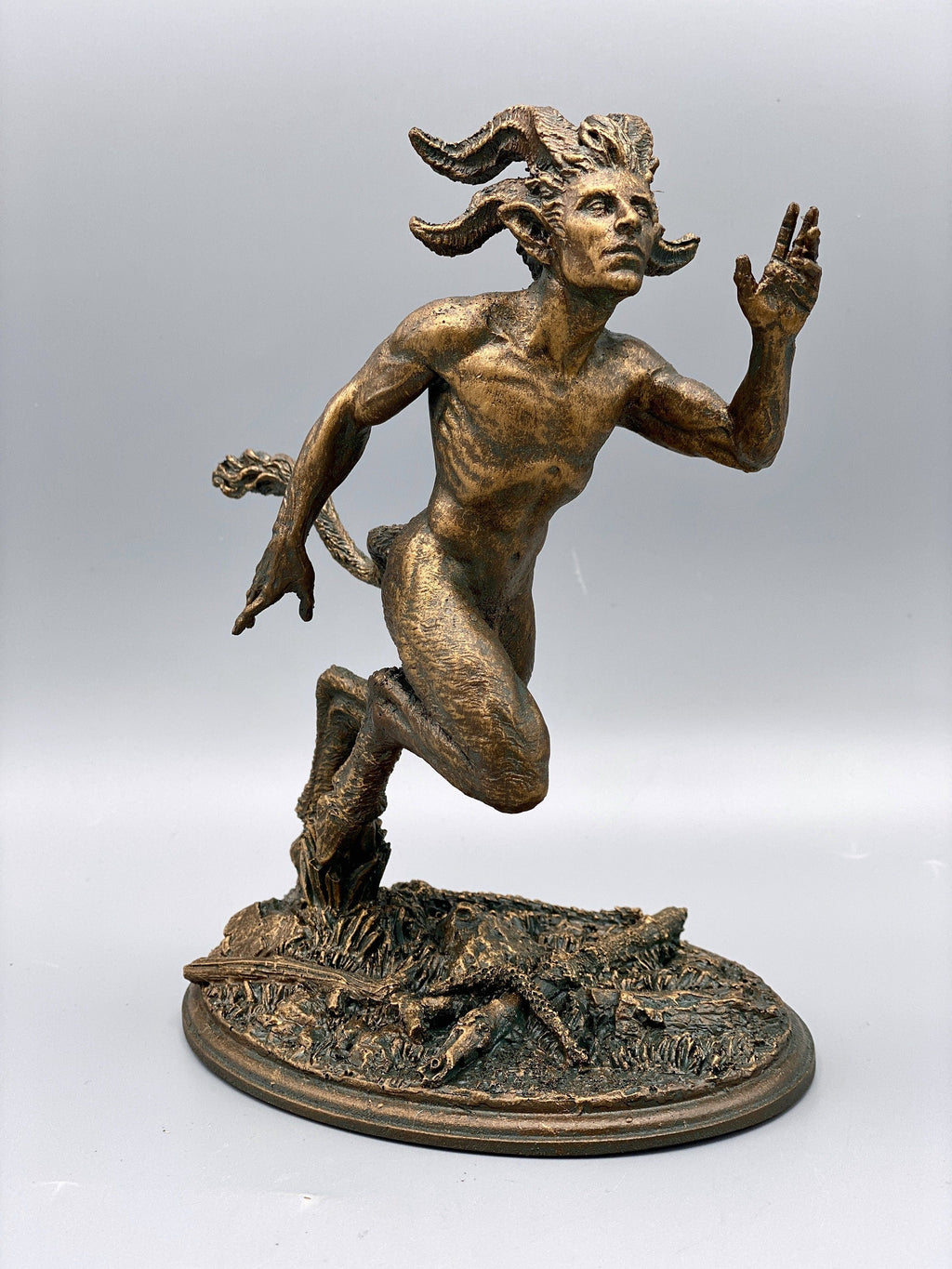 Running Satyr Statue, Hand Painted Resin Sculpture | Mythical Creature Figurine | Unique Legendary Faun Figurine. Fantasy Art Decor