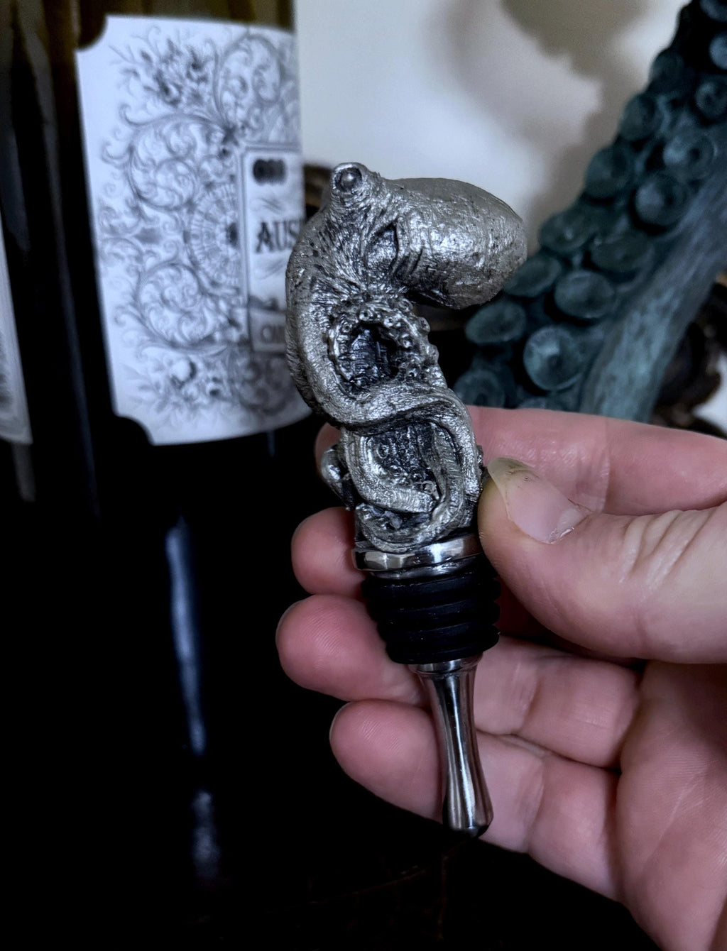 Kraken  Winestopper, Hand Painted Resin | Gothic Nautical Barware | Octopus Cthulhu Bottle Stopper, Gothic Wine and Barware Gift