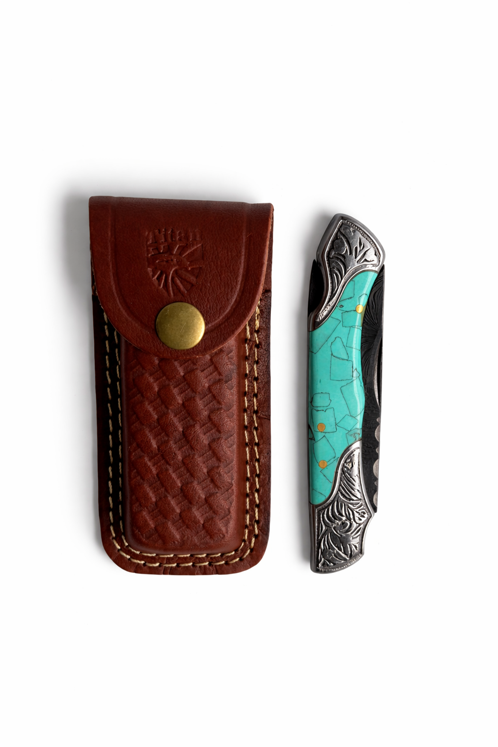 Titan Turquoise Crest Damascus Folding Knife - TF-080