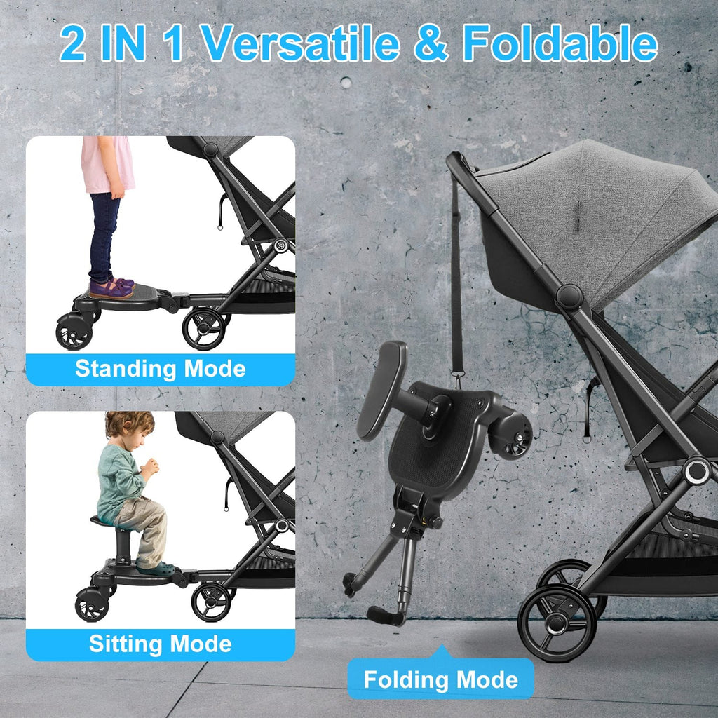 2 In 1 Universal Stroller Board Sit & Stand Buggy Wheeled Board Toddler Stroller Attachment with Detachable Seat for 3-7 Years Old