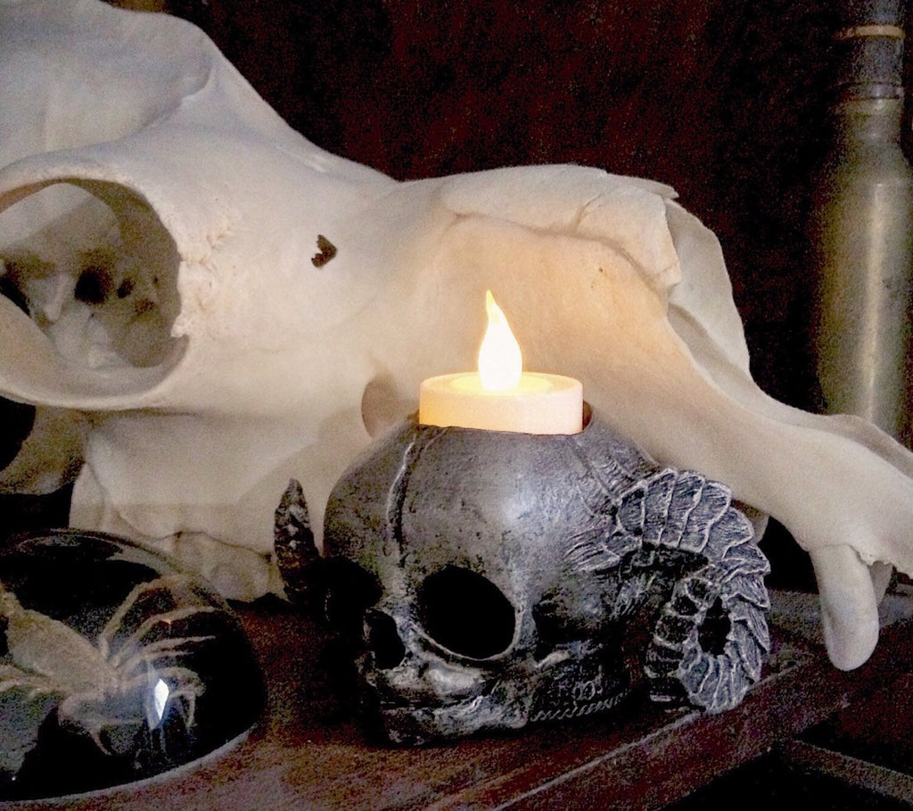 Satyr Fetal Skull Tea Light Holder, Hand Sculpted Resin Sculpture |Spooky Gothic Demon Skull Candle for Halloween Gift and Gothic Home Decor