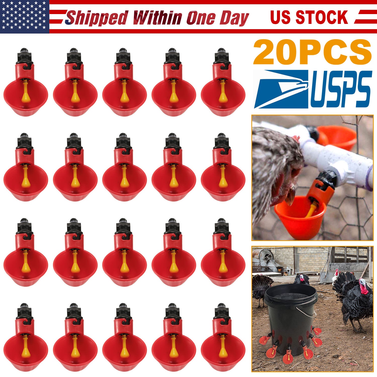 20 Pack Chicken Waterer Automatic Poultry Waterer Chicken Drinker Cups w/Mounting Joint  for Chicken Poultry